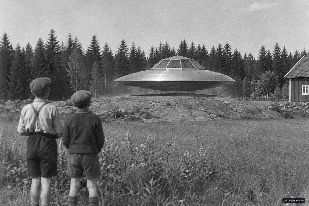 Björksfall, Östergötland, summer 1944: two boys watch a silver disc with a hexagonal windowed dome hover and descend almost to a slab of bare rock.