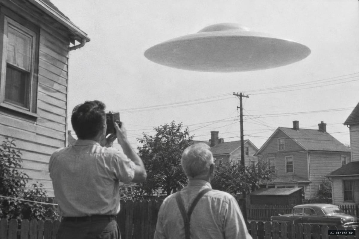 Passaic, New Jersey, July 31, 1952: George J. Stock photographs a silent, domed grey disc that witnesses said hovered almost directly overhead.
