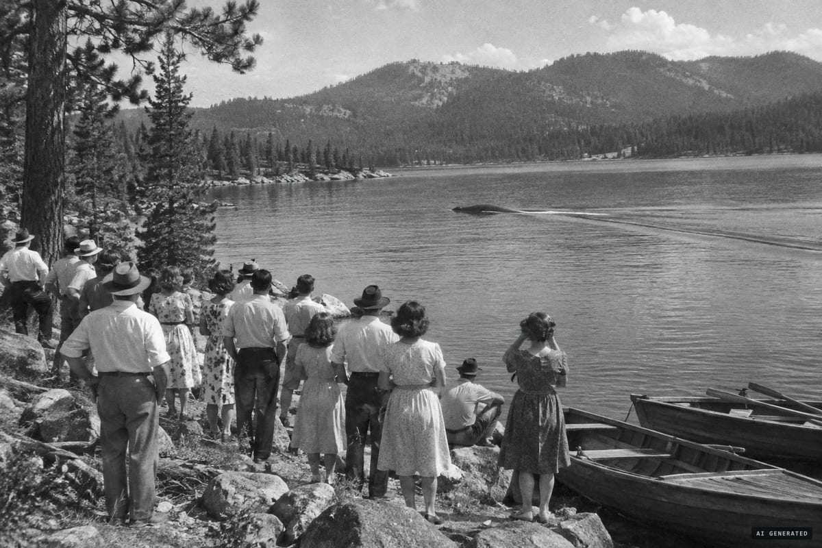Payette Lake, Idaho, 1946: Dr. G. A. Taylor and about twenty witnesses watch a 30-to-40-foot creature dive repeatedly, leaving a wake like a small motorboat.