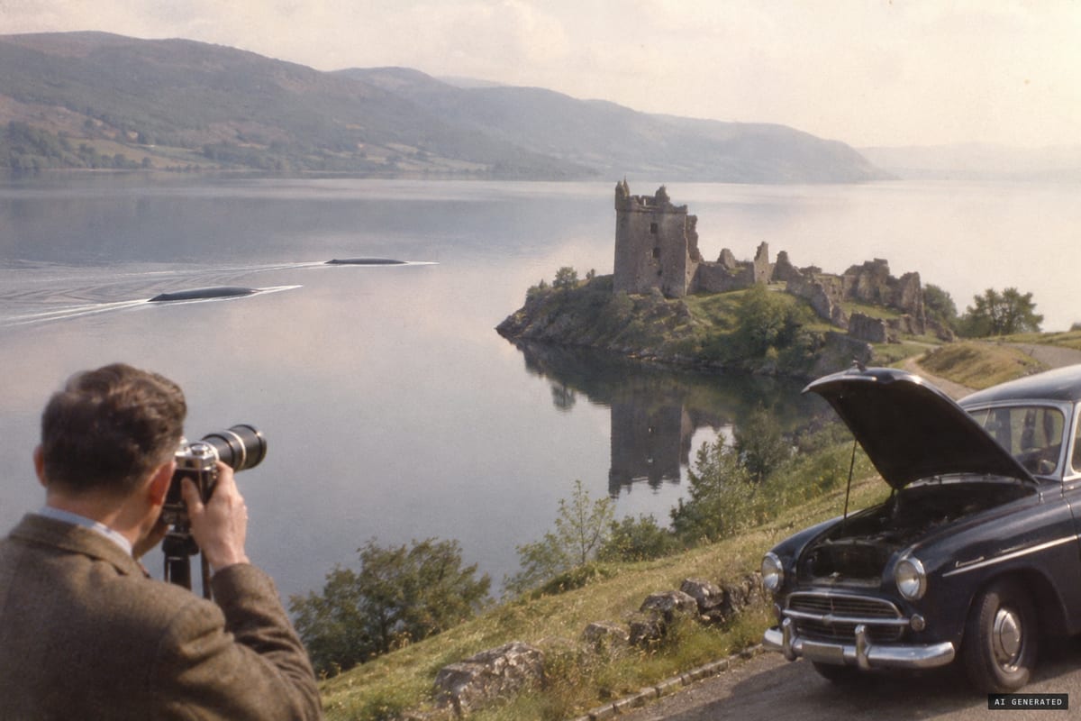 July 29, 1955, Urquhart Castle, Loch Ness: Peter MacNab reported photographing two long dark humps trailing wakes across the calm bay before the creature submerged.