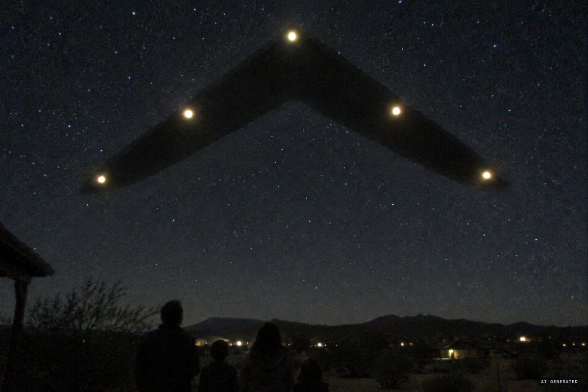 Witnesses in Arizona on 13 March 1997 described a vast, silent V of five lights drifting slowly overhead, blocking out the stars.