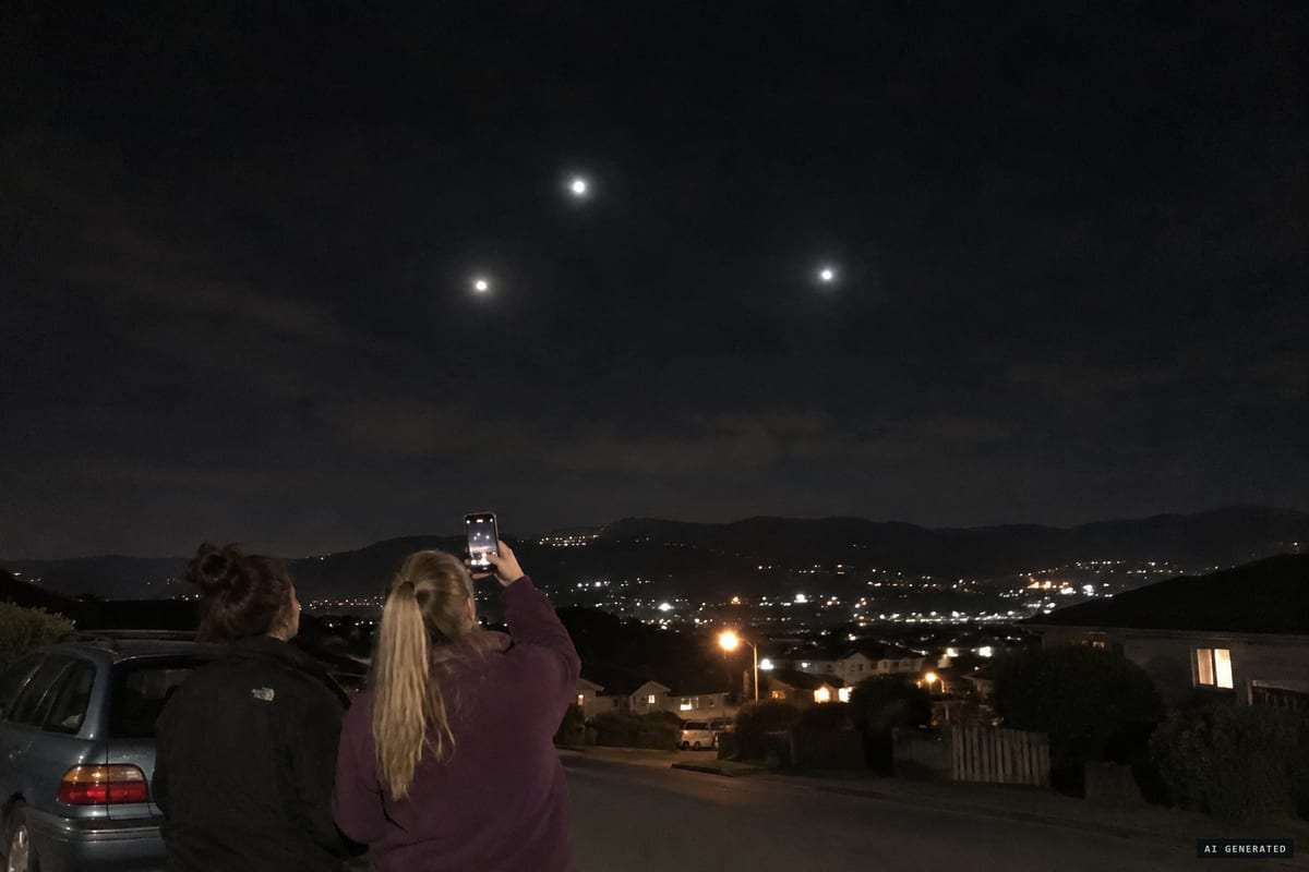 Porirua, New Zealand, 3 August 2020: three large lights hover motionless over the city before dawn as a local resident films them on her phone.