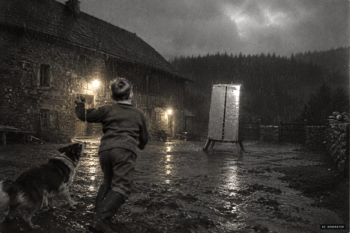 Prémanon, Jura, 27 September 1954: Raymond Romand throws stones at a shiny upright object on legs in his family's farmyard; he said they rang like tin as it slid toward him.