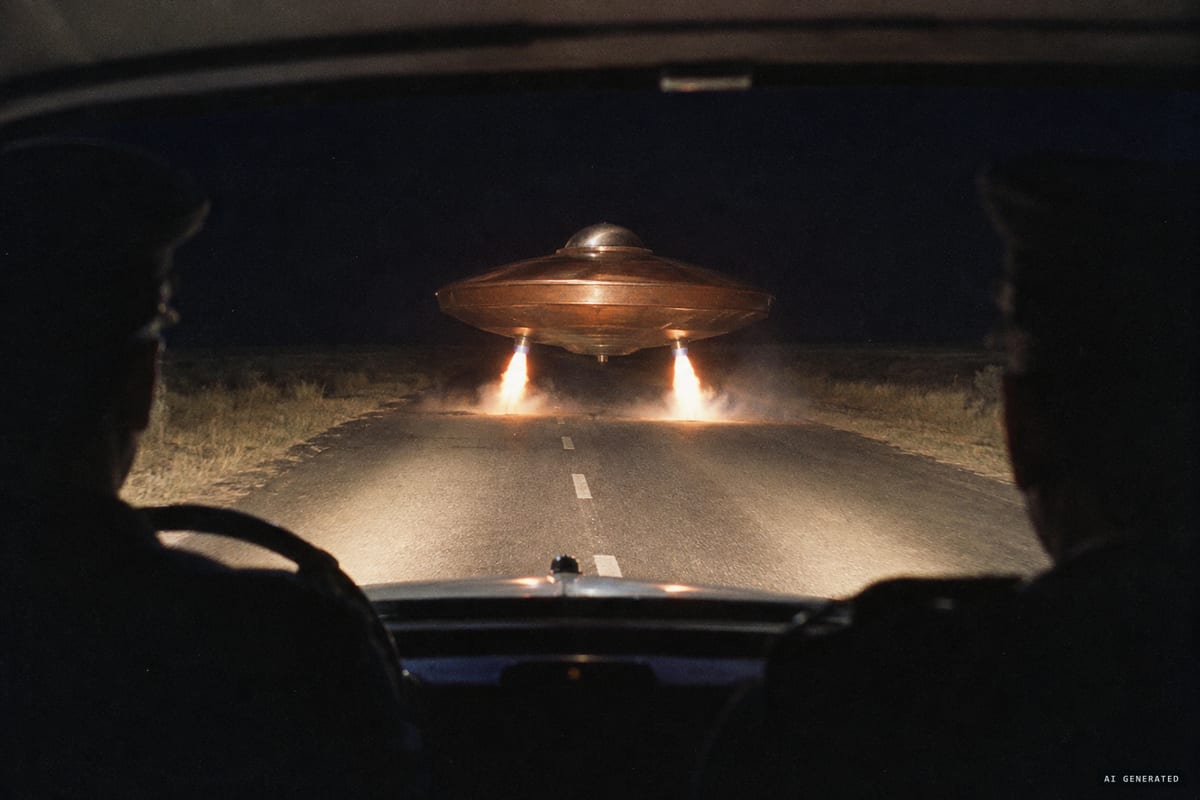 Pretoria-Bronkhorstspruit highway, September 1965: two police officers' headlights catch a 30-foot copper-coloured domed disc on the road as flames from two tubes beneath it lift it off the tar.