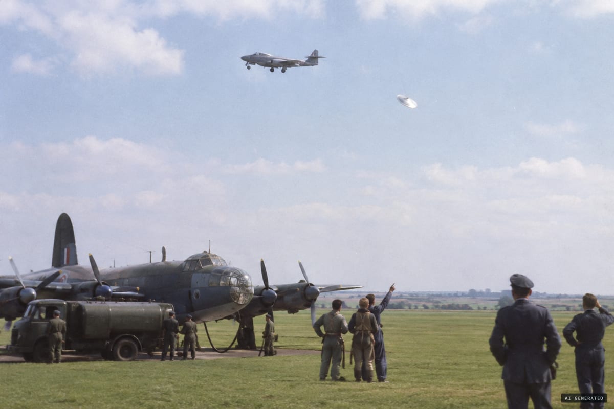 RAF Topcliffe, 19 September 1952: Shackleton crews watch a silver circular object swing and descend behind a Meteor jet before it rotates and accelerates away at great speed.
