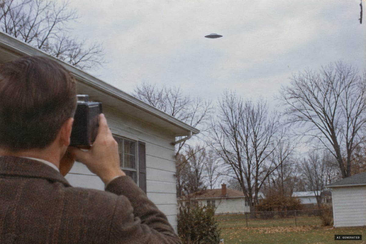 Roseville, Ohio, November 13, 1966: Ralph Ditter photographs the saucer-shaped object he claimed was a 30-foot craft; it was later shown to be a toy wagon hubcap.