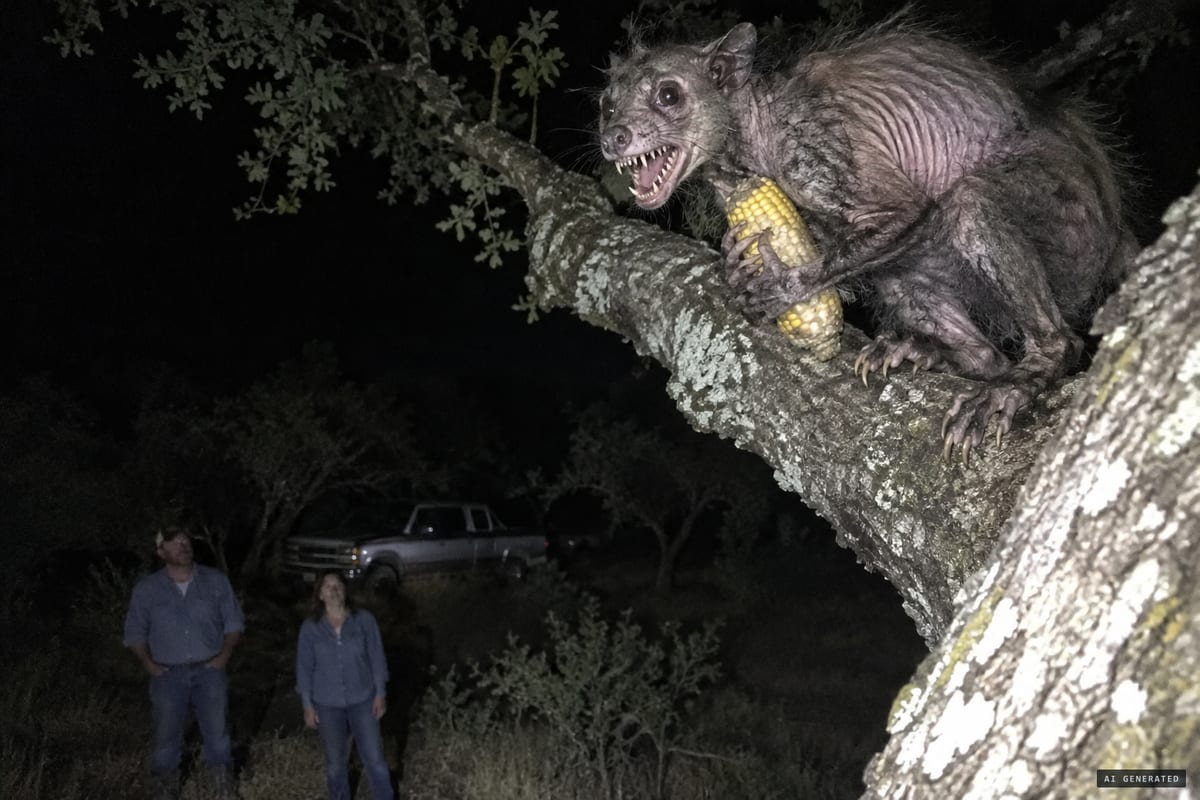 Ratcliffe, Texas, 2014: a hairless, sharp-clawed animal is found eating corn in a tree at night before being trapped and called a baby chupacabra.
