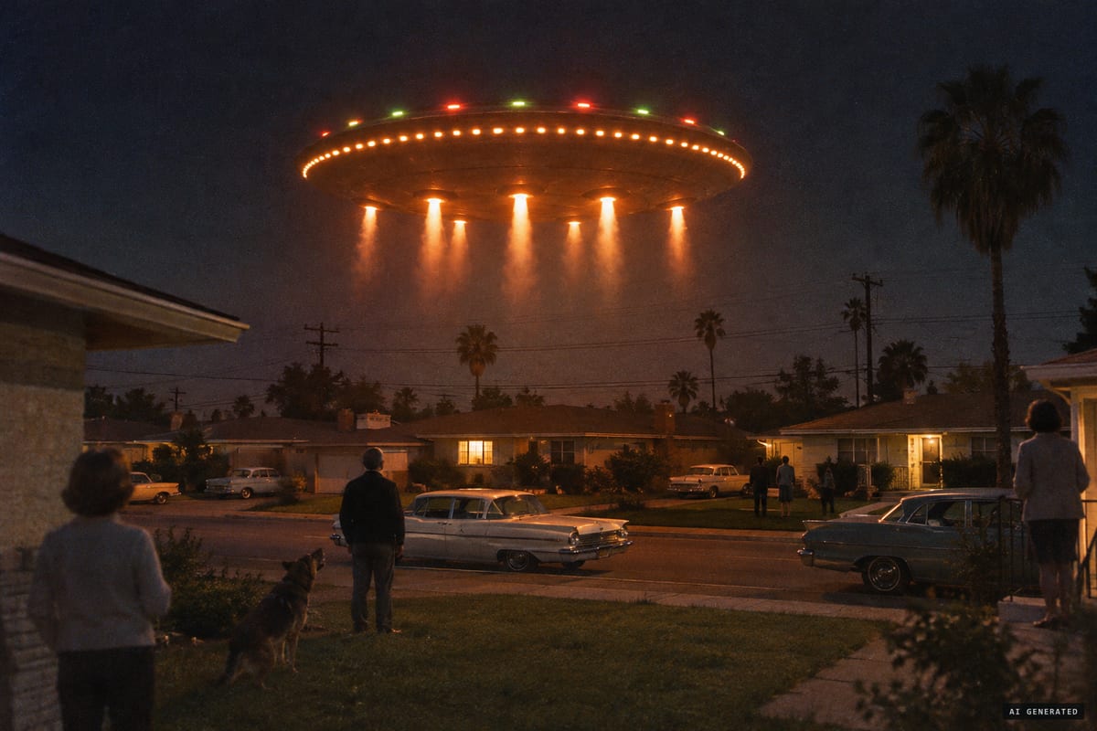 Redlands, California, 4 February 1968: residents of north Redlands watch a large disc with glowing ports, alternating red and green lights and orange jets beneath it hover about 300 feet above their homes.