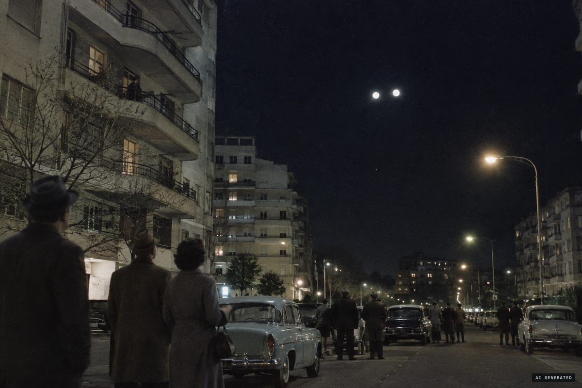 Artist’s interpretation of the two light traces recorded in long-exposure photographs over Buenos Aires on 16 July 1965. Witnesses described one mainly reddish object.