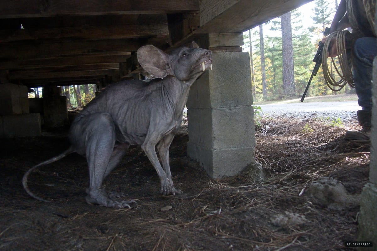 Pollok, Texas, October 8, 2004: a hairless blue-gray animal with long canines and a rat-like tail peers out from under a house shortly before it was shot.