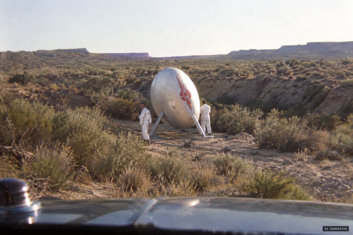 Socorro, New Mexico, April 24, 1964: Officer Lonnie Zamora reported seeing a shiny egg-shaped object on angled legs in an arroyo, with two figures in white coveralls beside it.