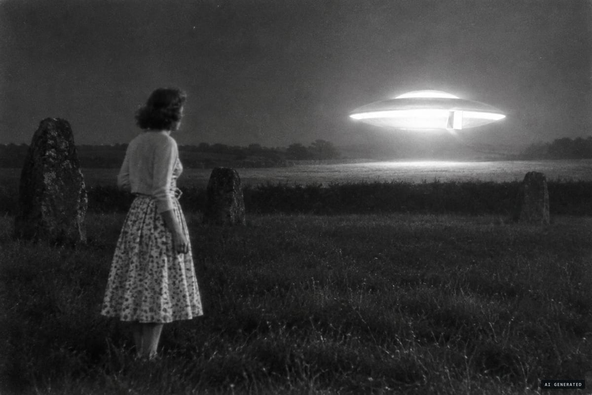 Stanton Drew, Somerset, 26 August 1950: a woman walking home from a party reported a bright, buzzing saucer hovering over the next field as a door on it began to open.