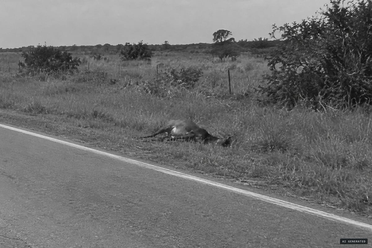 A dead four-legged animal photographed by the roadside on State Road 72, Florida, on May 13, 2020, posted as an "Alleged Roadkill Chupacabra."