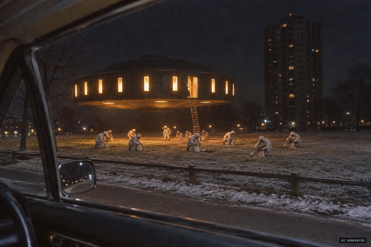North Bergen, New Jersey, 12 January 1975: George O'Barski reported a dark, round craft hovering over North Hudson Park as about ten small hooded figures dug soil samples.