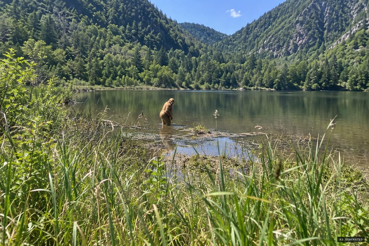 A hunched, honey-blonde figure about 4 feet 9 inches tall wades a boggy pond in rural Onondaga County, New York, and turns its head toward the lone hiker photographing it, August 10, 2026.