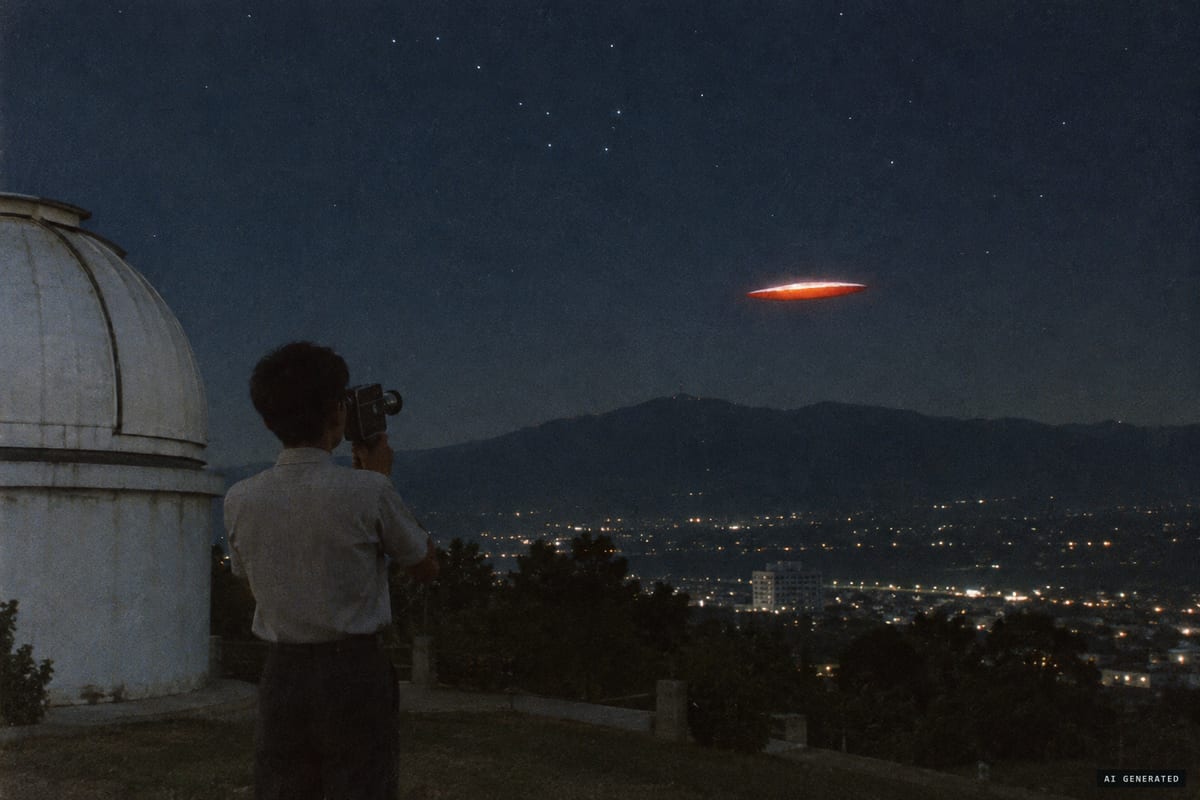Taipei, 28 June 1967: from the city observatory, Tsai Chang-hung photographs a glowing orange-red, cigar-shaped object hovering over Guanyin Mountain.
