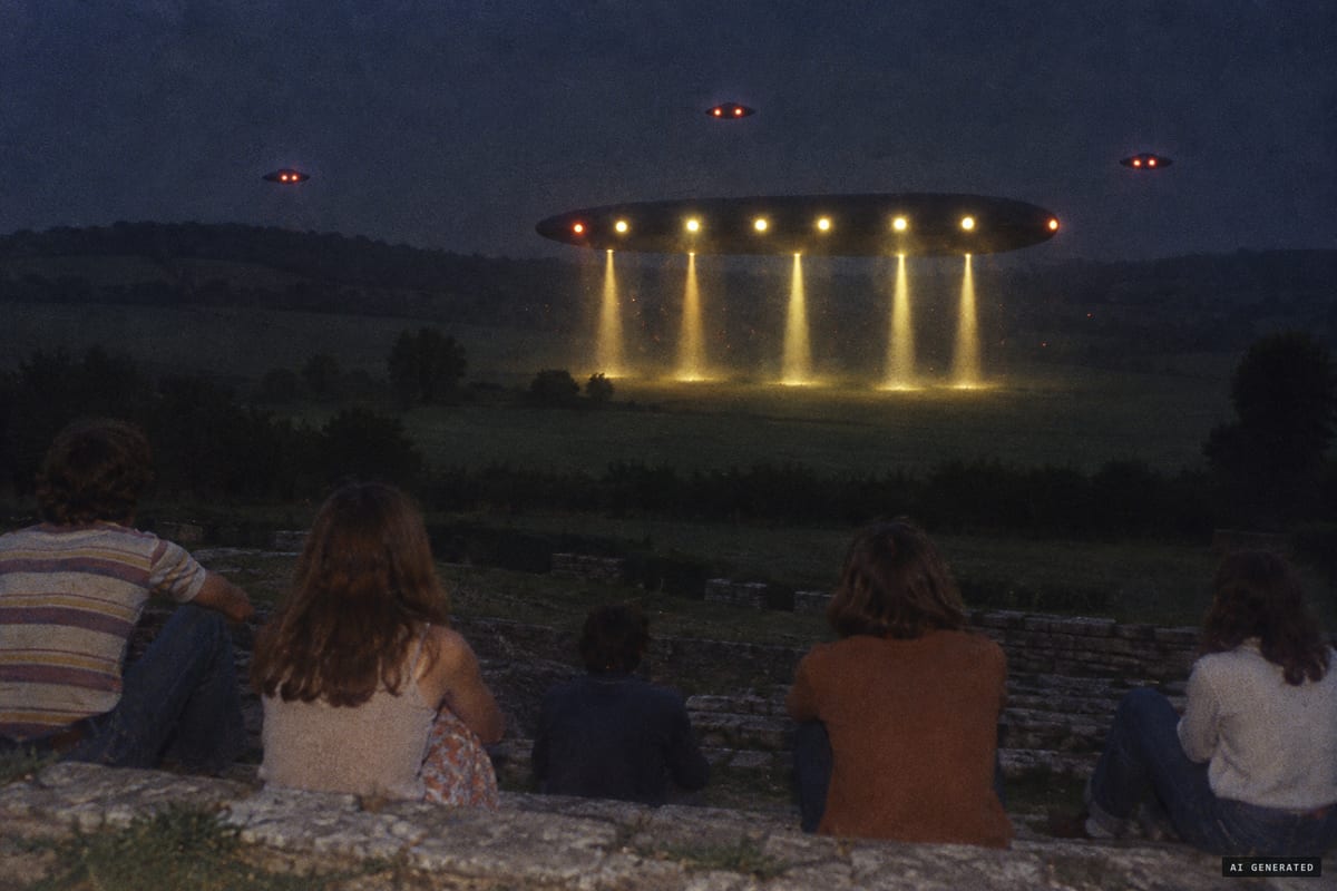 Taizé, France, night of 11 to 12 August 1972: young people at the Taizé Community reported a dark, 30-metre object landing on the slope opposite, standing on pillar-like beams of light as three small discs with red lights circled it.