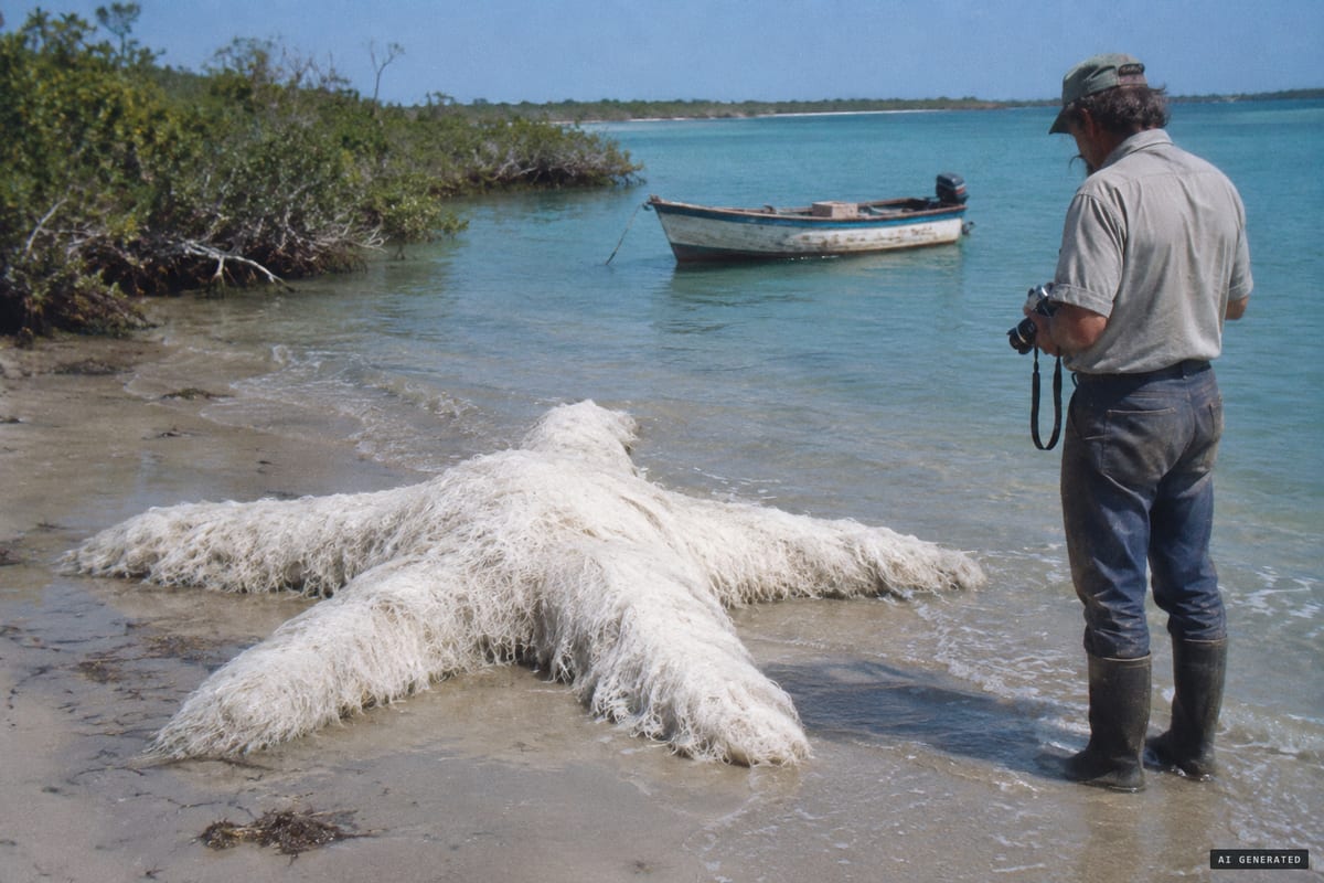 Mangrove Bay, Bermuda, 1988: a white, fibrous, five-armed carcass with no eyes, mouth or bones lies on the shore, where diver Teddy Tucker photographed it and took samples.