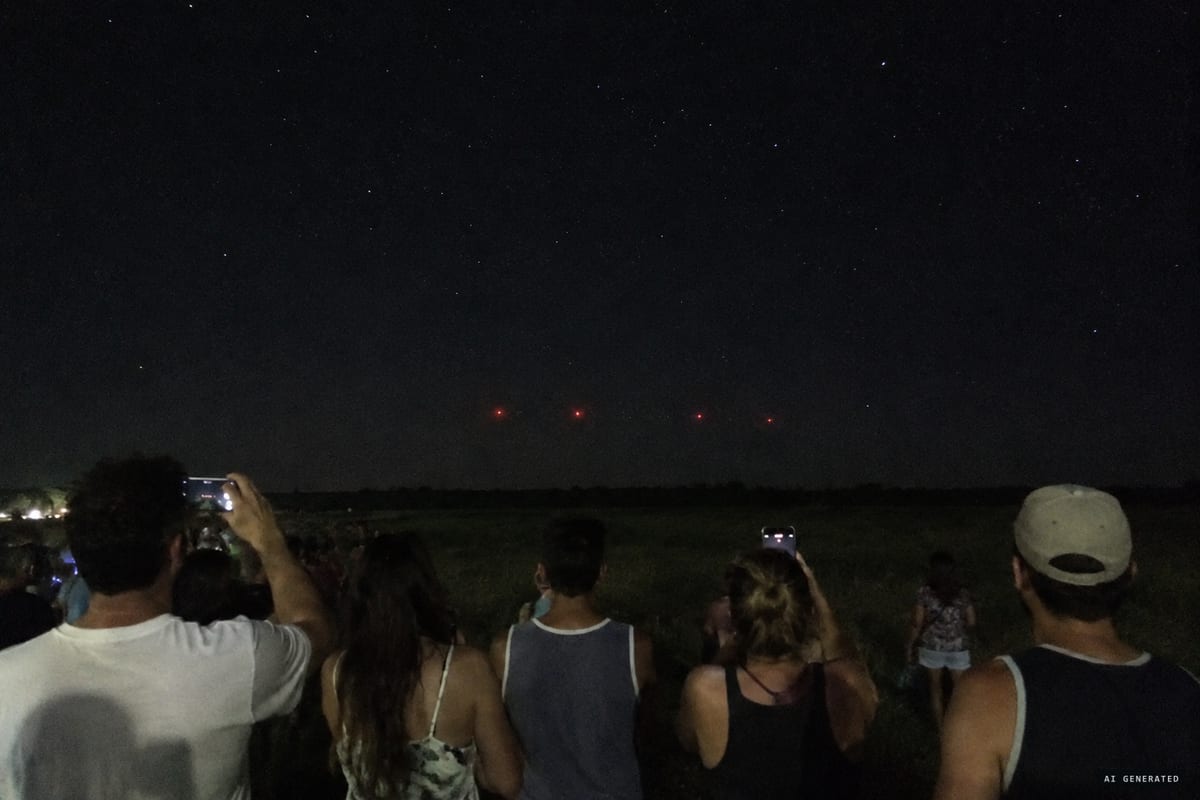 Termas de Almirón, Uruguay, 11 February 2023: festival-goers film red lights blinking on and off low over the southern horizon, later attributed by the Uruguayan Air Force's CRIDOVNI to Starlink satellites.