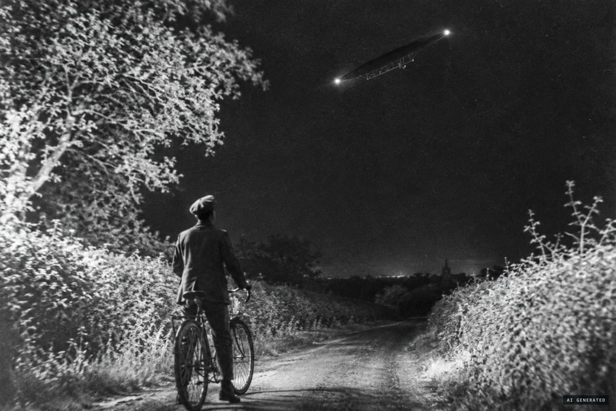 Tharston, Norfolk, 19 May 1909: cyclist Chatten reported a silent cigar-shaped airship with a framework beneath and a yellow light at each end rising towards Norwich.