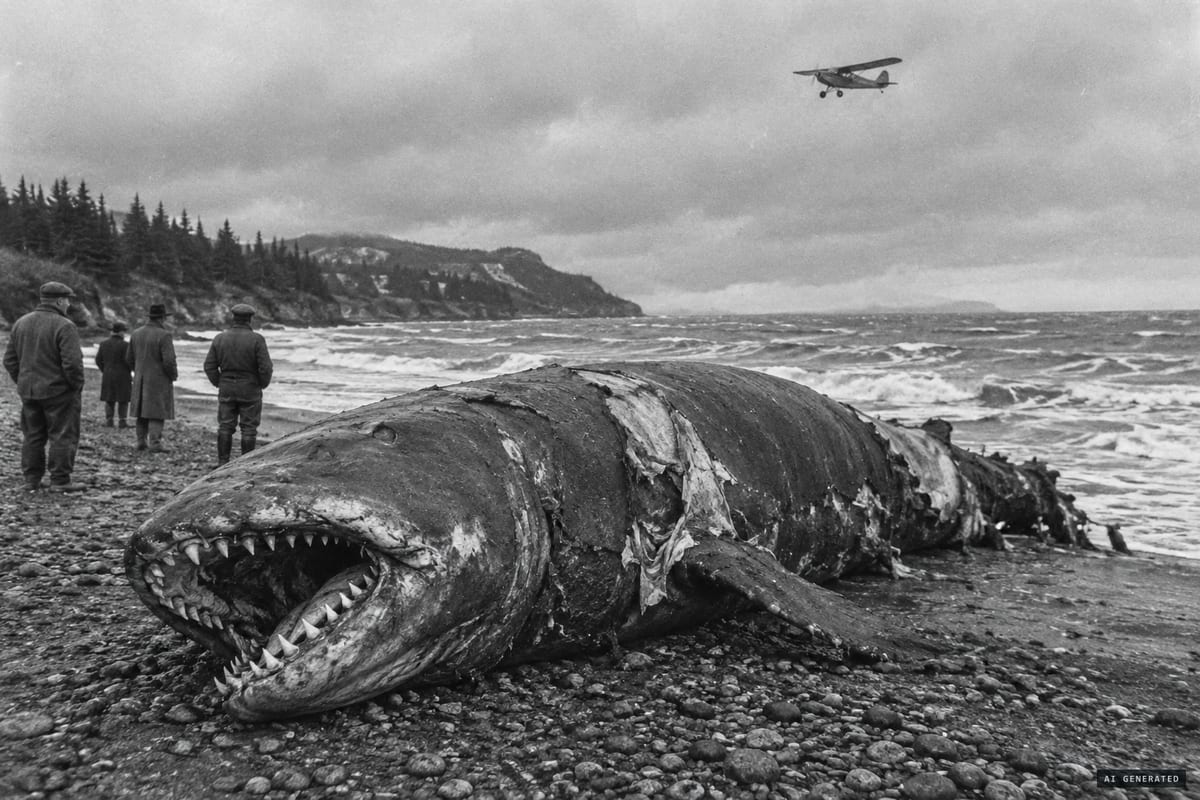Anchor Point, Alaska, October 1946: the beached, three-ton carcass with interlocking teeth that pilot Harry White called a 'big overgrown lizard', later identified as a killer whale.