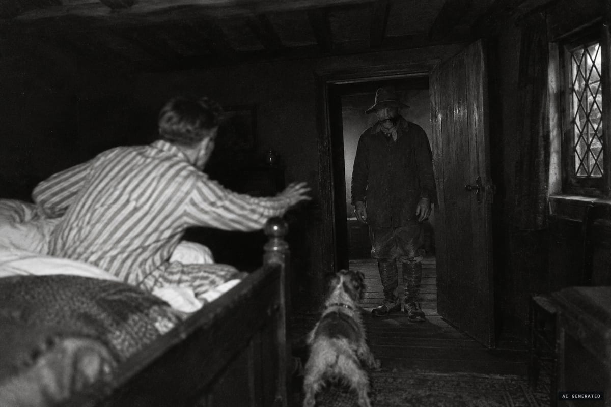 Ash Manor, Surrey, November 1934: the householder reported waking at 3:35 a.m. to a little old man in a green smock, muddy gaiters and slouch hat, his throat cut, standing in the bedroom doorway.