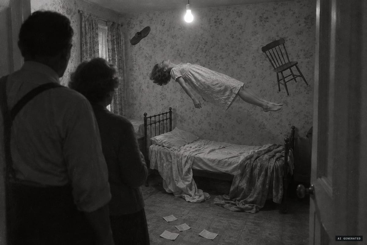 Battersea, London, 1956: witnesses reported that teenager Shirley Hitchings was lifted about six inches above her bed as the unseen presence they called 'Donald' pulled away the bedclothes and threw objects around the room.