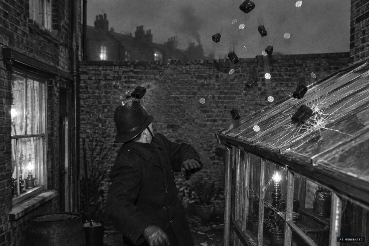 Battersea, London, December 1927: coal and pennies fall onto the Robinson family's conservatory roof as a constable keeps watch, the source never found.