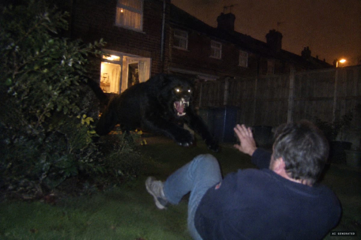 Sydenham Park, London, 22 March 2005: Anthony Holder reported that a big black cat-like animal at least 5ft long pounced on him in his back garden at around 2 a.m.