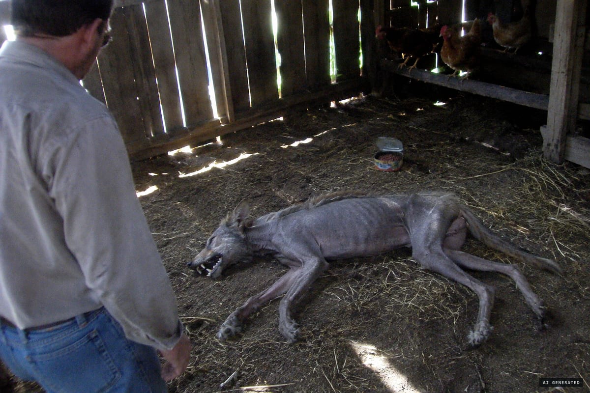 July 2009, southeast Texas: a grey, nearly hairless coyote-like animal with large fangs is found dead in a family's barn after eating poison, later called the Blanco chupacabra.