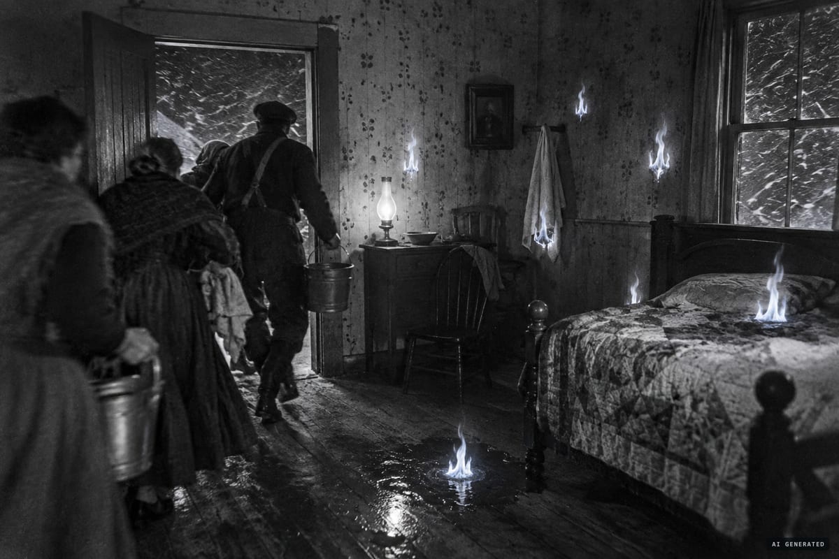 Caledonia Mills, Nova Scotia, January 1922: small blue fires break out across the MacDonald farmhouse on a stormy night, 38 of them put out before morning.