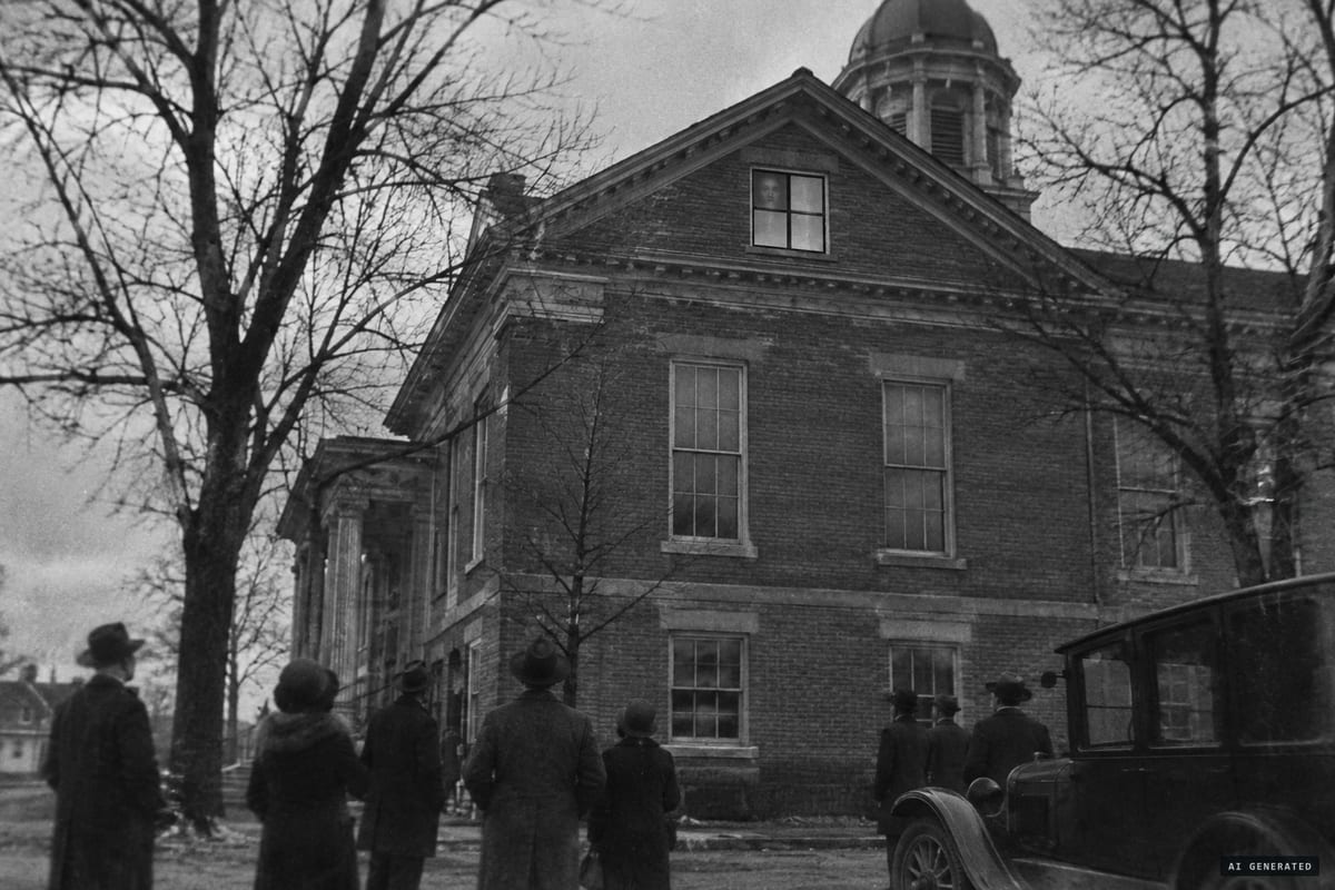 Carrollton, Alabama, January 1928: residents look up at the Pickens County Courthouse garret window, where a face said to be Henry Wells's was reported in a pane of glass that washing could not clear.