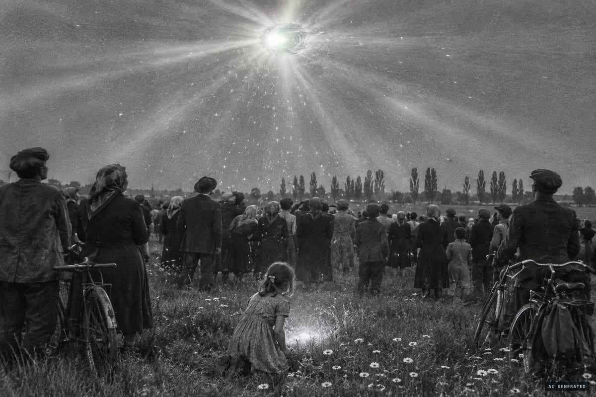 Ghiaie di Bonate, Italy, 21 May 1944: as seven-year-old Adelaide Roncalli kneels at her vision, the crowd reports the sun whirling and changing colour from green to red to gold.