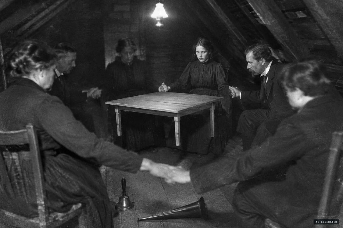 Belfast, 1915: during a sitting in the Goligher family attic, a 10 lb 6 oz deal table was reported to rise about eight inches and hang steady in the air under red gaslight.