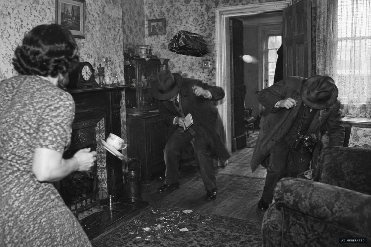 Thornton Heath, February 1938: reporters in Alma Fielding's home described an egg flying through the living-room door and a chunk of coal narrowly missing two of them before smashing into the wall.