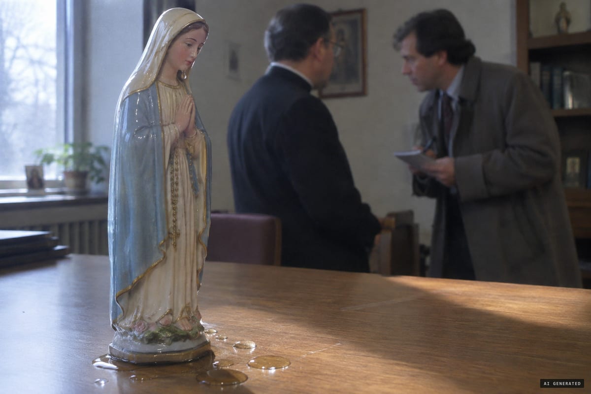 Lake Ridge, Virginia, 1992: a reporter watches water bead and drip from the chin of a small statue of the Virgin Mary in Father James Bruse's office, leaving four small puddles at its base.