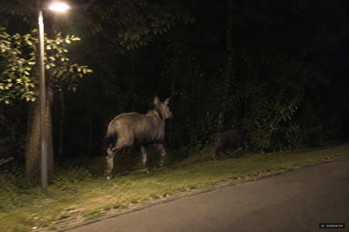 Kleinmachnow, July 2023: a pale animal, reported as a lioness, filmed at midnight chasing a wild boar at the edge of the woods.
