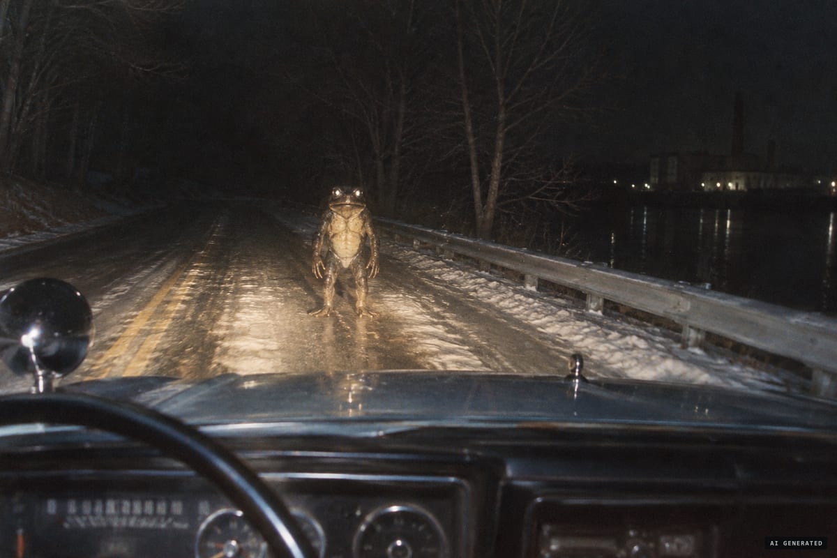 Loveland, Ohio, 3 March 1972: Officer Ray Shockey reported a three-to-four-foot, leathery, frog-faced creature standing upright in his headlights on icy Riverside Drive before it went over the guardrail toward the Little Miami River.