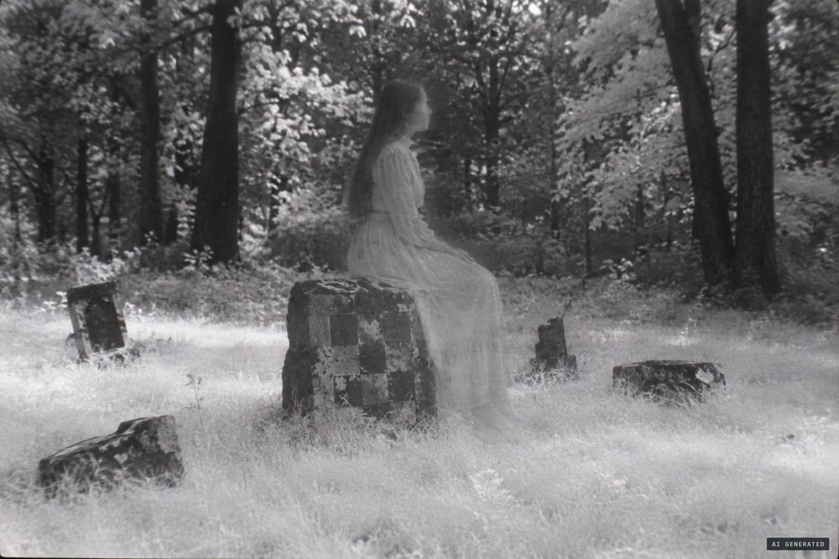 Bachelor's Grove Cemetery, Illinois, August 1991: the seated, semi-transparent woman on the checkerboard stone, who appeared only on the Ghost Research Society's developed infrared film.