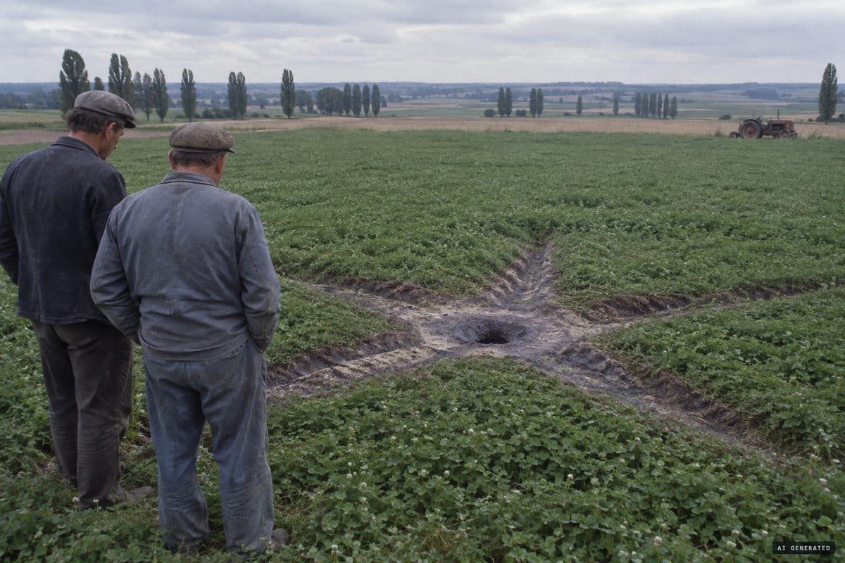 Marliens, Côte-d'Or, May 1967: a six-pointed trace of radiating furrows coated in grey-mauve powder, found in a clover field with no craft ever reported.