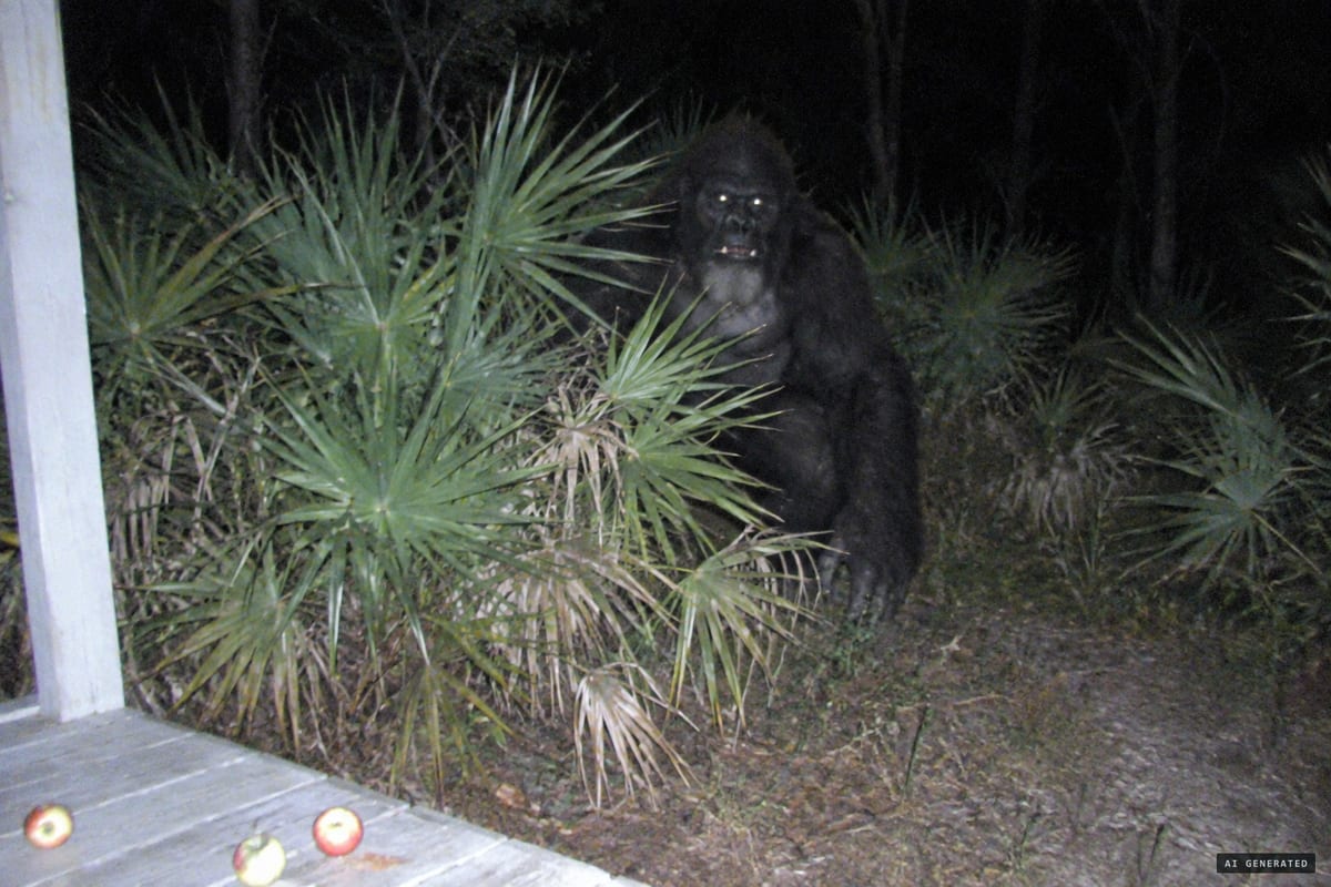Sarasota County, Florida, late 2000: an anonymous grandmother's flash catches a large dark ape-like creature, eyes shining, crouched behind saw palmetto near her back porch.