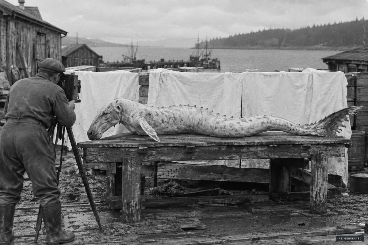 Naden Harbour, British Columbia, July 1937: the serpentine carcass found in a sperm whale's stomach is laid out against white sheets to be photographed.