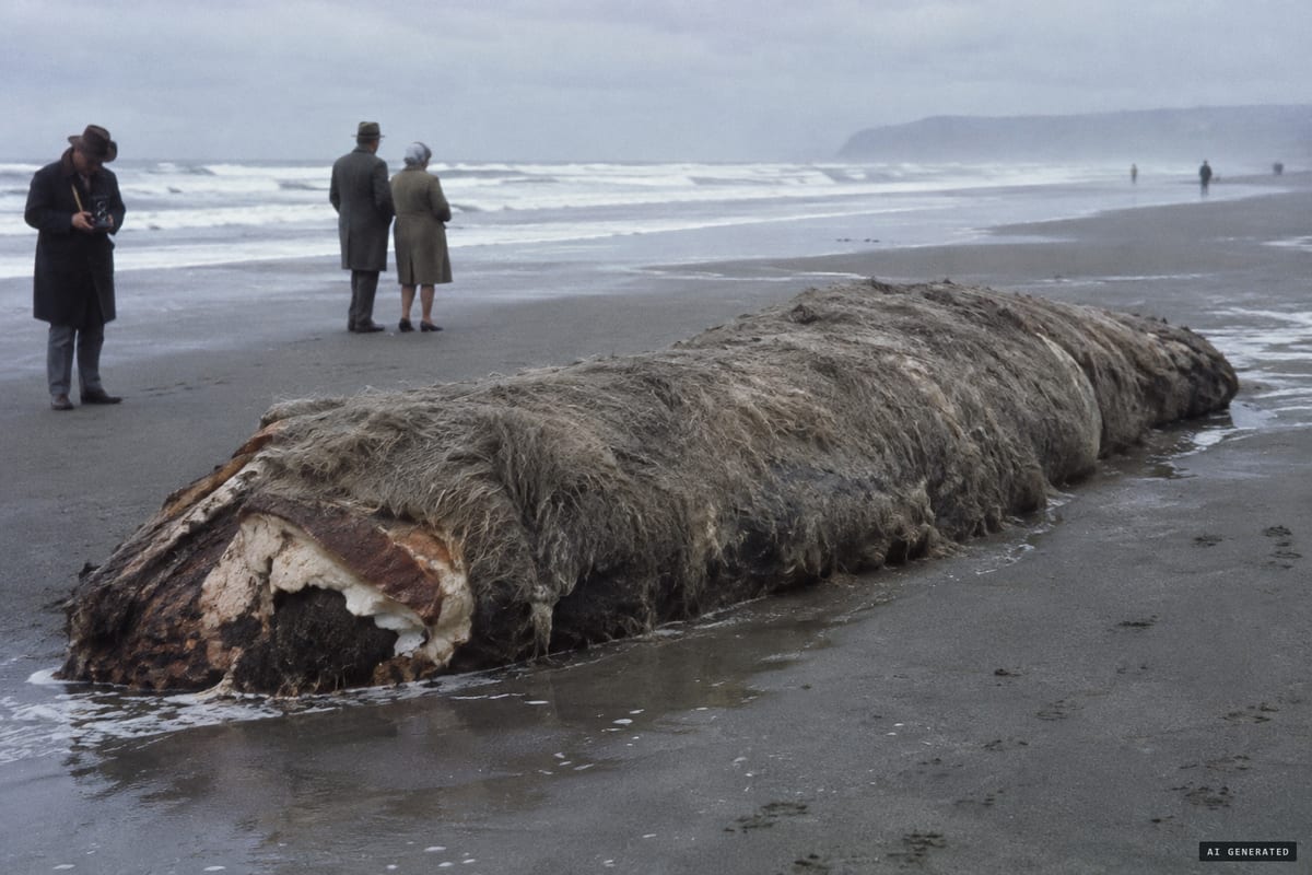 Muriwai Beach, New Zealand, March 1965: a stranded carcass covered in sand-matted grey hair, which zoologists confirmed the next day was a badly decomposed whale.