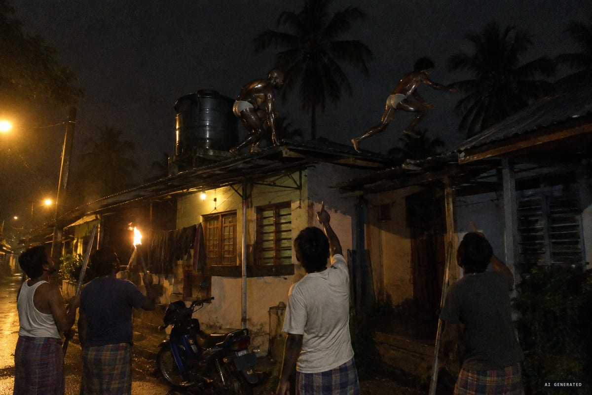 Kampung Laksamana, Selangor, December 2011: residents reported two oil-covered, near-naked figures hiding by a rooftop water tank before leaping from roof to roof and vanishing.