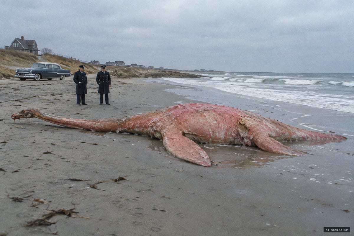 November 1970: the 30-foot, coral-coloured carcass police called a sea serpent lies on Mann Hill Beach, North Scituate, before Harvard experts identified it as a basking shark.