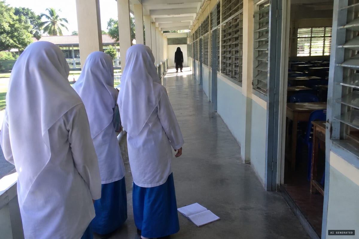 Kota Bharu, Kelantan, April 2016: pupils at SMK Pengkalan Chepa 2 said a black, hairy figure was seen in empty classrooms and stalking the corridors as screaming and fainting swept the school.