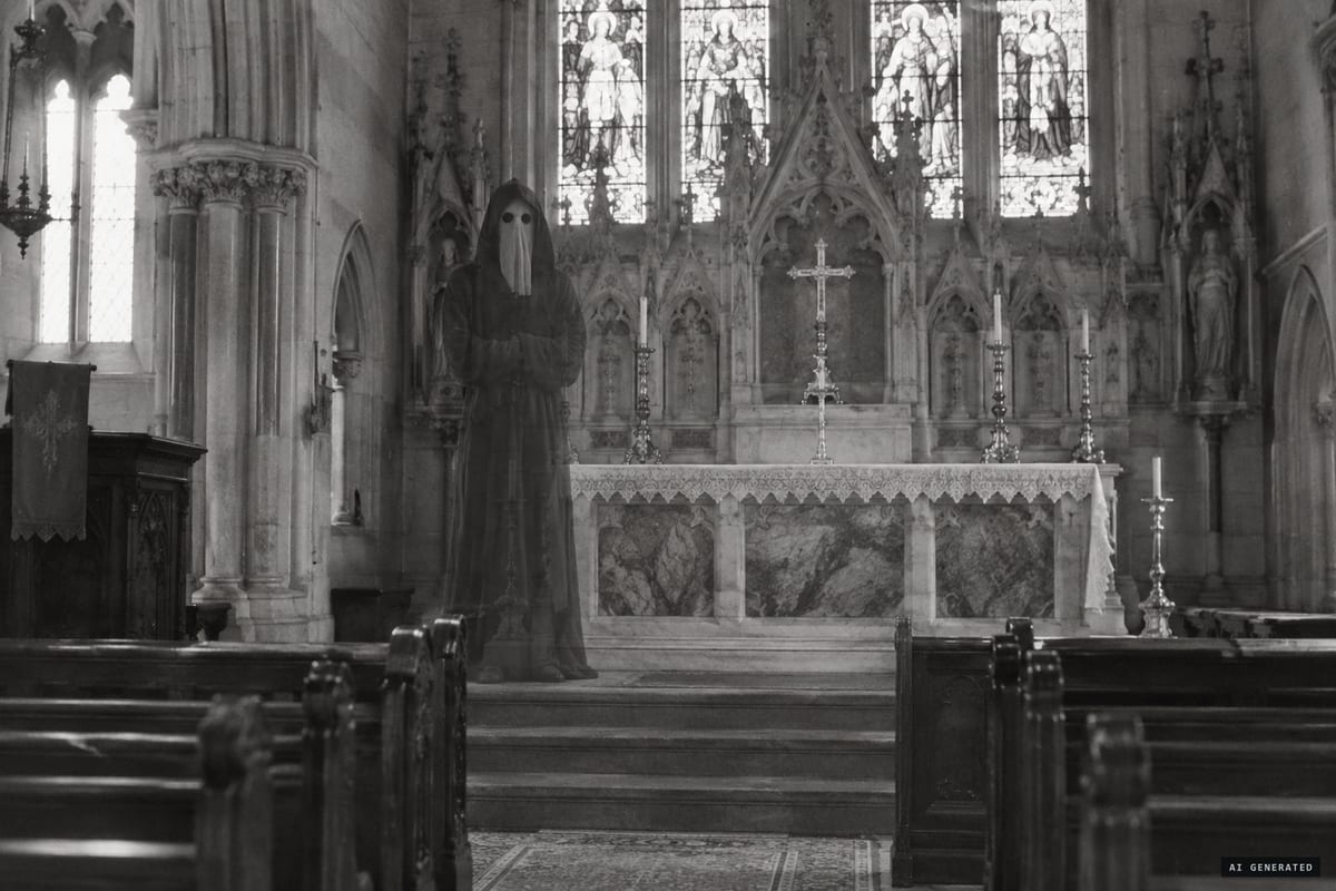 1963, Newby Church near Ripon: the hooded, see-through figure that appeared beside the altar only when Rev. Kenneth F. Lord's film was developed.