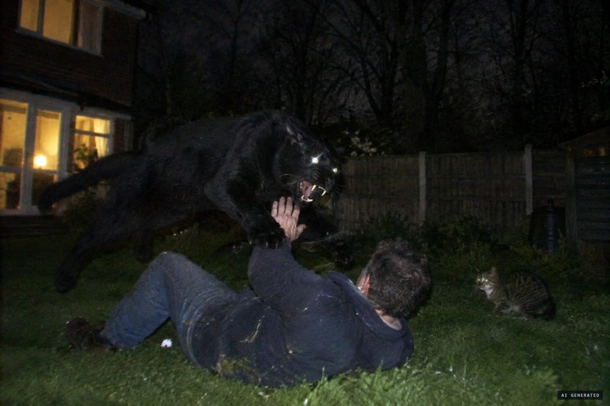 Sydenham, London, 22 March 2005: a large black cat-like animal pounces on Anthony Holder in his back garden, growling with teeth bared inches from his face.