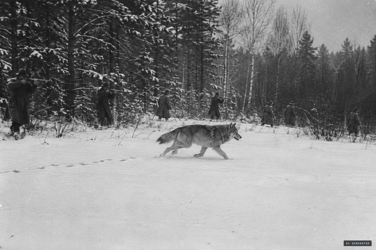 Revier Tschelln, Upper Lusatia, 27 February 1904: the predator known as the Tiger of Sabrodt, a large grey wolf, flees across fresh snow as a police hunt closes in.