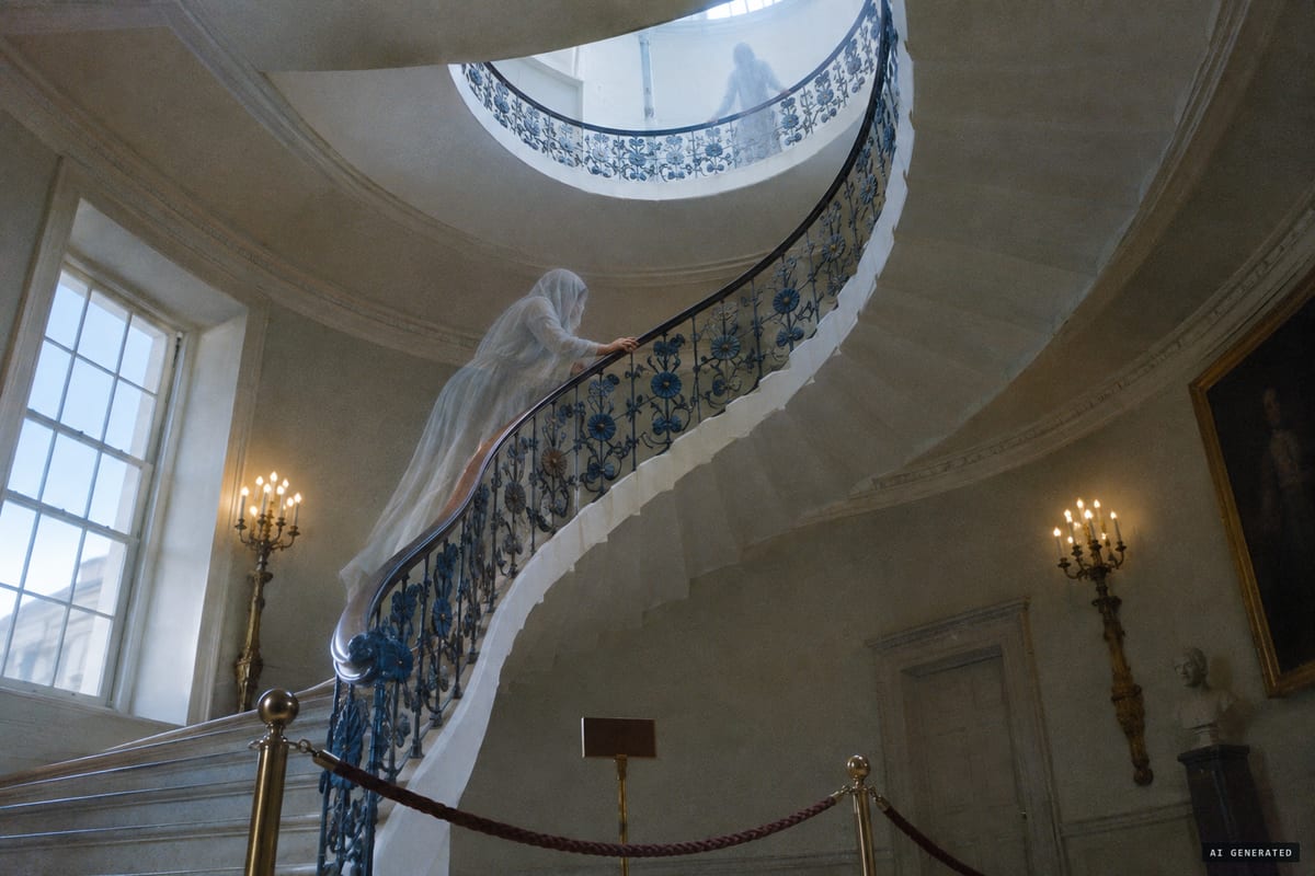 Greenwich, 19 June 1966: a shrouded figure appears on the roped-off Tulip Stairs in a photograph taken when the witnesses saw the staircase empty.